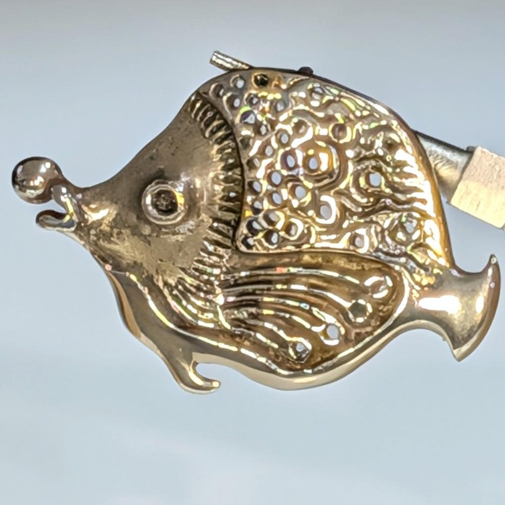 Vintage MCM Brutalist Fish Pendant by Lee Peck Gold Tone Good Textured Openwork